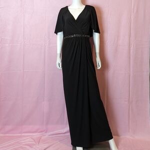 Adrianna Papell Black Cape Sleeve Beaded Waistband Evening Gown size 10